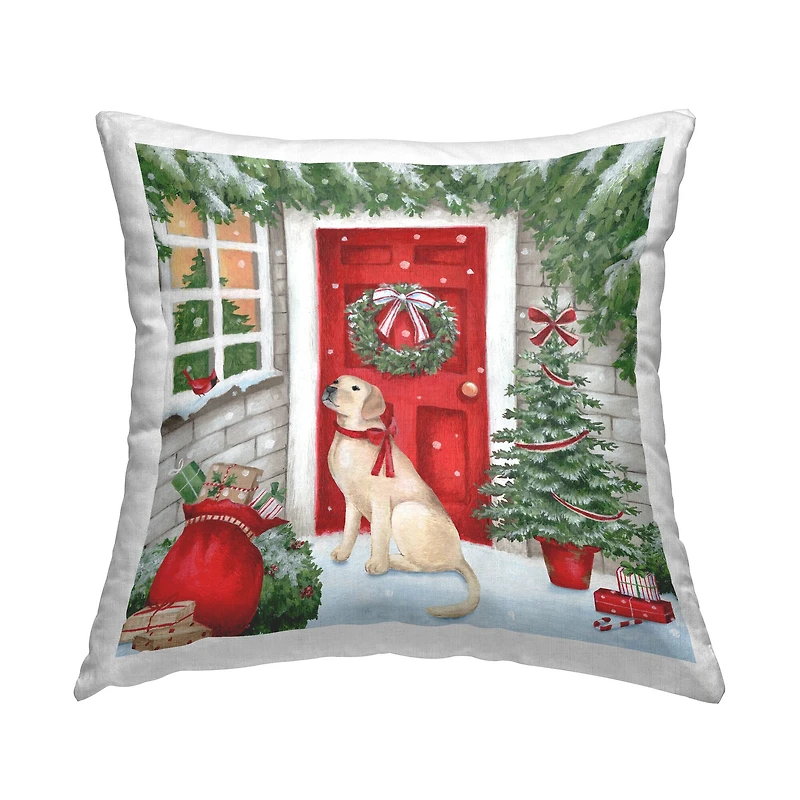 Stupell Industries Dog on Doorstep with Christmas Gifts Throw Pillow