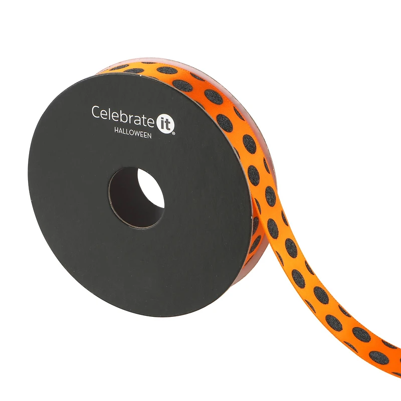 5/8" x 4yd. Black Glitter Dots on Orange Ribbon by Celebrate It® Halloween
