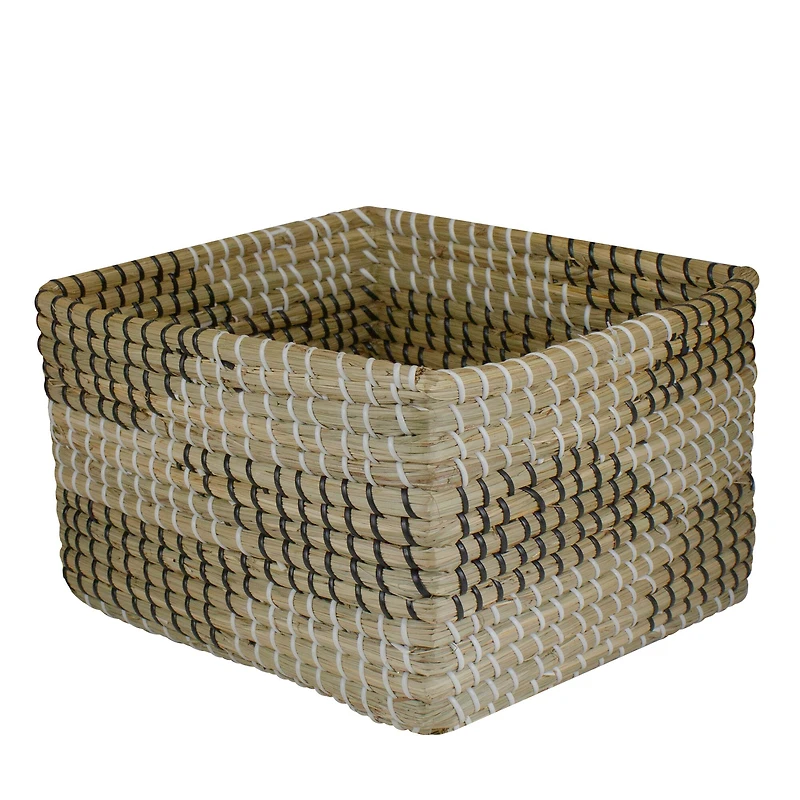 12.25" Square Woven Seagrass Basket with Black & White Accents