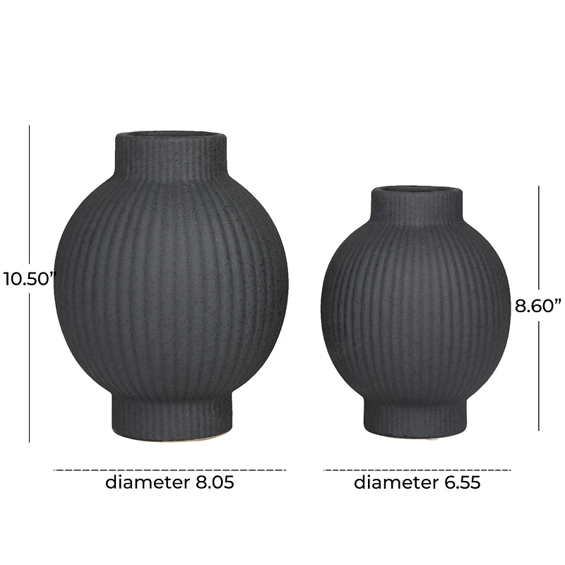 CosmoLiving by Cosmopolitan Black Ceramic Ribbed Vase Set of 2 11", 9"