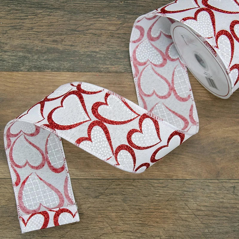2.5" x 10yd. Glitter Flourish Hearts Valentine's Wired Craft Ribbon
