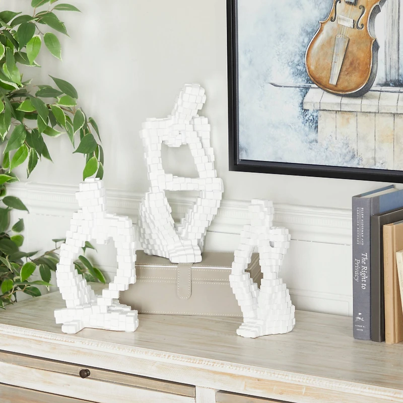 Set of 3 White Polystone Contemporary Sculptures, 13" x 6" x 6"