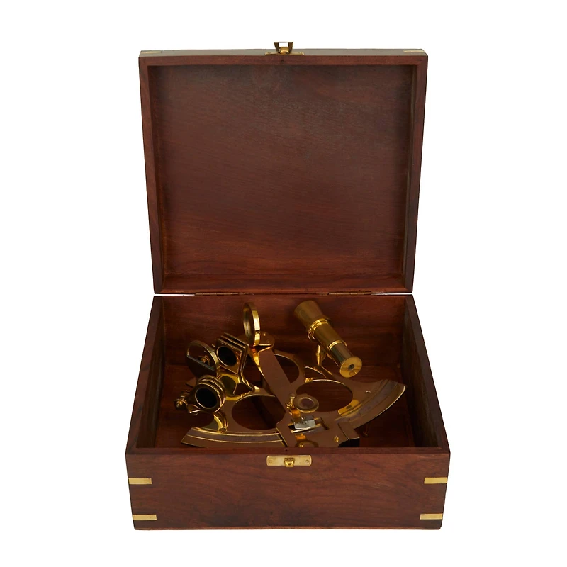 7" Gold Brass Sextant Compass with Decorative Wood Box