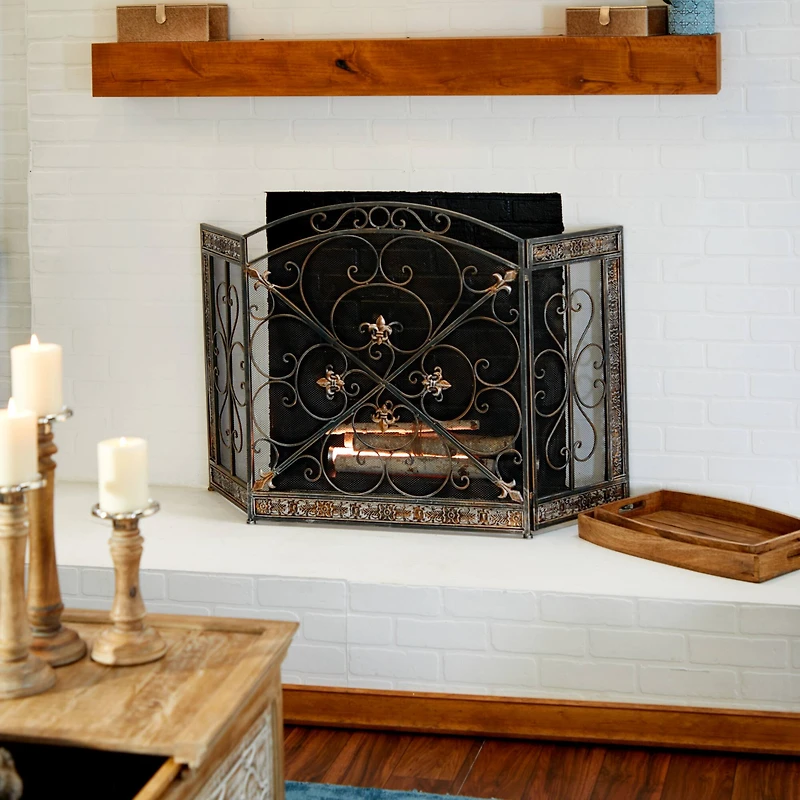 Ornate Black Metal Traditional Fireplace Screen