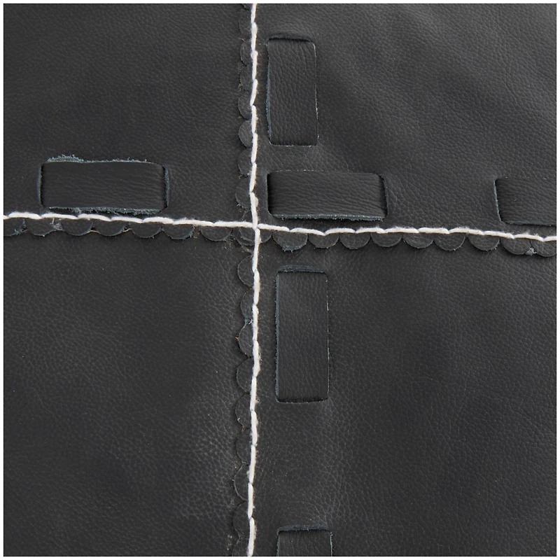 22" Leather Pouf with Woven Straps & Handles