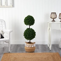 3.5ft. Boxwood Double Ball Artificial Topiary Tree in Boho Chic Handmade Natural Cotton Woven Planter with Tassels UV Resistant (Indoor/Outdoor)