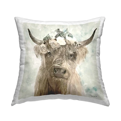 Stupell Industries Delicate Soft Buffalo with Floral Crown Watercolor Throw Pillow 18" x 18"