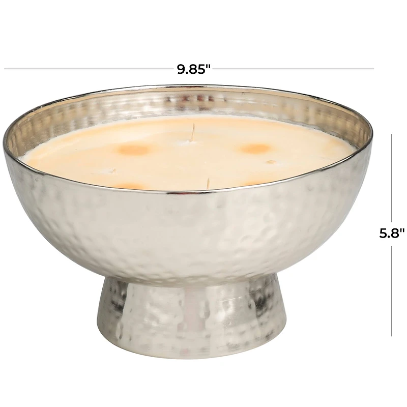 White Wax Jasmine Scented Candle with Elevated Wide Hammered Silver Container