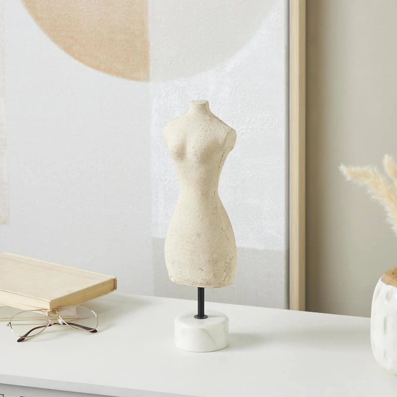 14.25" Cream Antique Style Paper Mache Female Dress Form Sculpture with White Marble Base