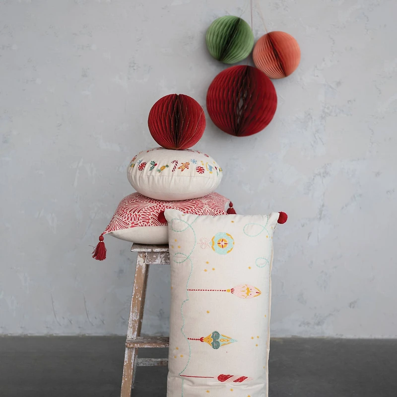 Hello Honey® 18" Red, White & Gold Printed Cotton Pillow with Tassels