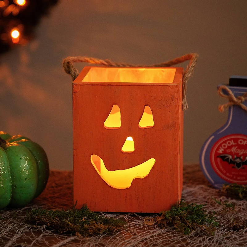6" Orange Wood Jack-O-Lantern Halloween Candle Lantern