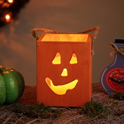 6" Orange Wood Jack-O-Lantern Halloween Candle Lantern
