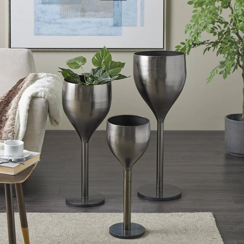 Silver Wine Glass Inspired Metal Planter Set