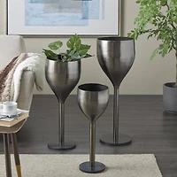 Silver Wine Glass Inspired Metal Planter Set