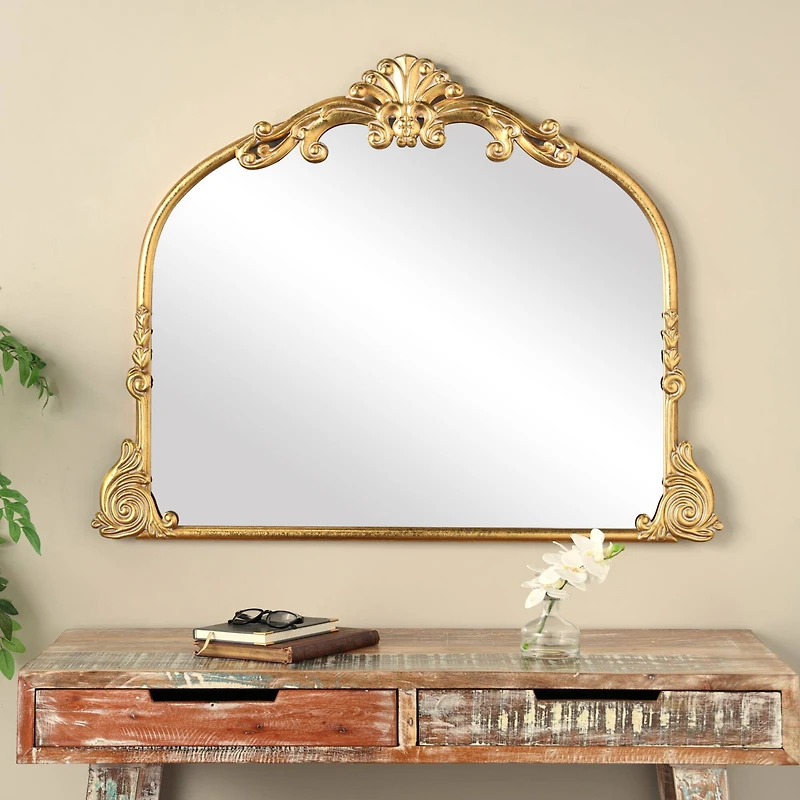 44" x 34" Gold Metal Ornate Arched Baroque Wall Mirror