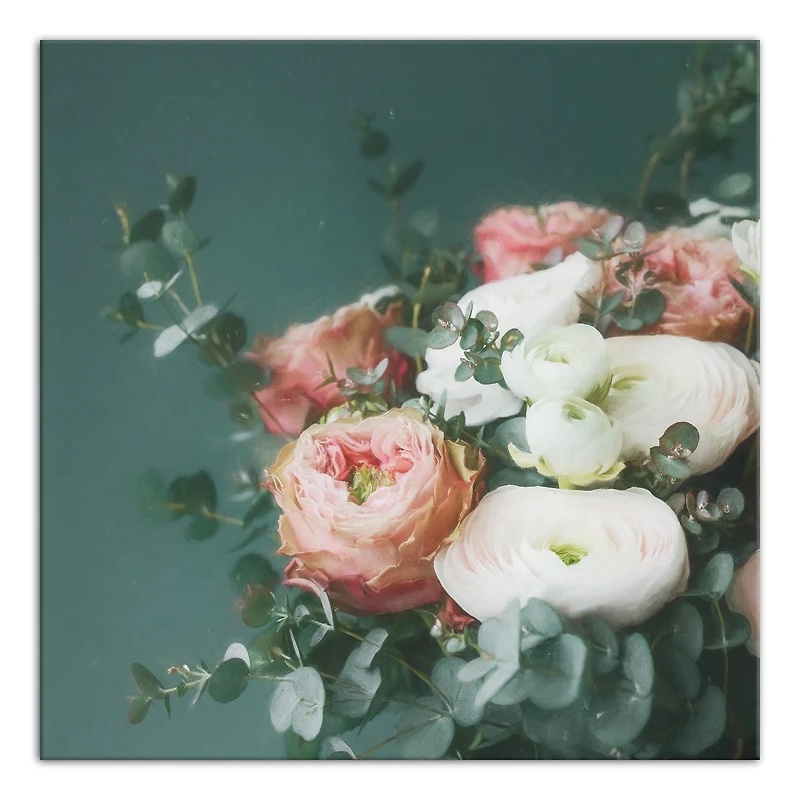 Emerald and Pink Eucalyptus Bouquet  24" x 24" Canvas Wall Art