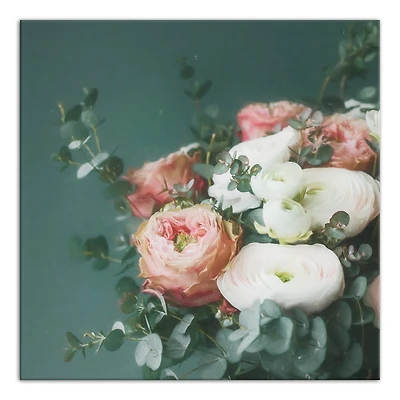 Emerald and Pink Eucalyptus Bouquet  24" x 24" Canvas Wall Art