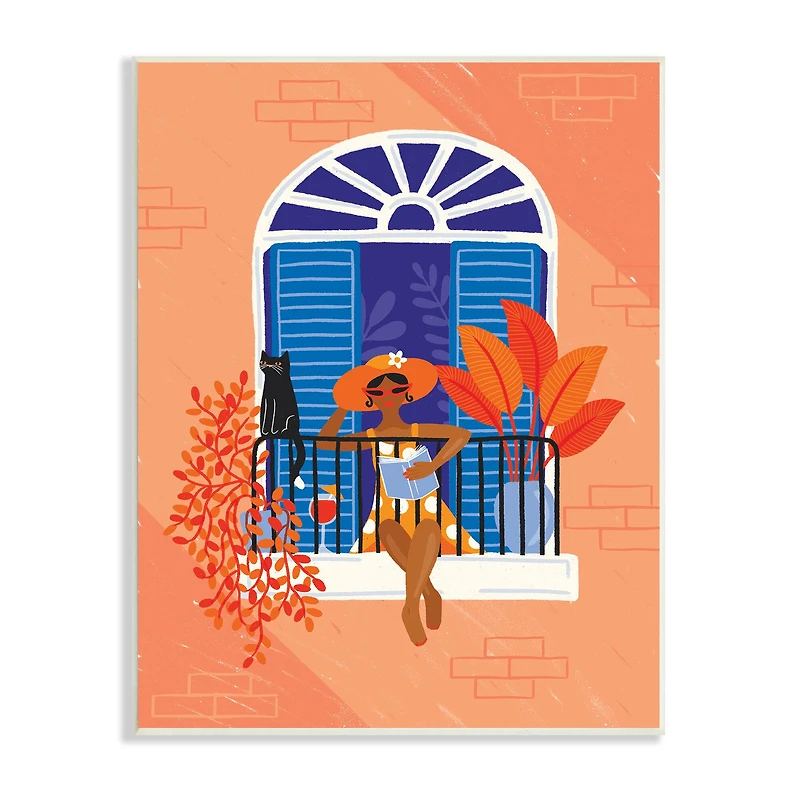 Stupell Industries Woman Reading Balcony Perched Cat Tropical Plants Wall Art