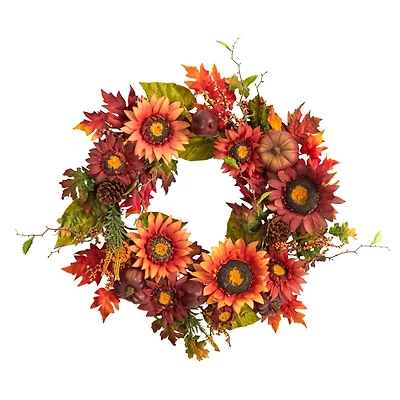 24" Sunflower, Pumpkin, Pinecone & Berries Fall Artificial Wreath