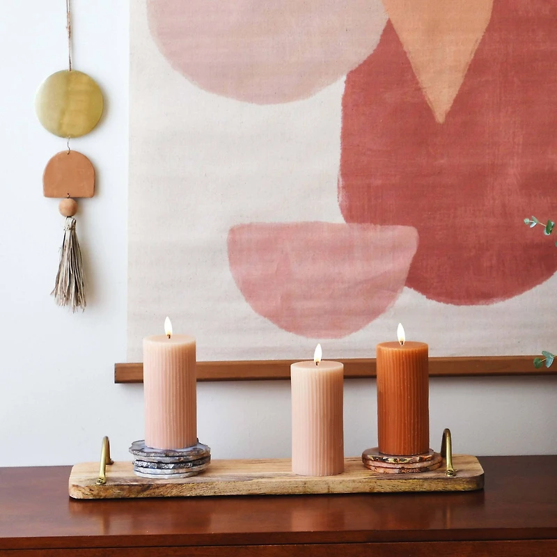 Hello Honey® 23" Natural & Gold Boho Rectangle Mango Wood Tray with Metal Handles