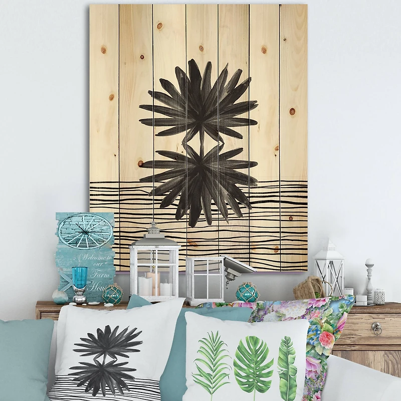 Designart - Black and White Tropical Leaf On Striped II