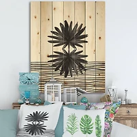 Designart - Black and White Tropical Leaf On Striped II