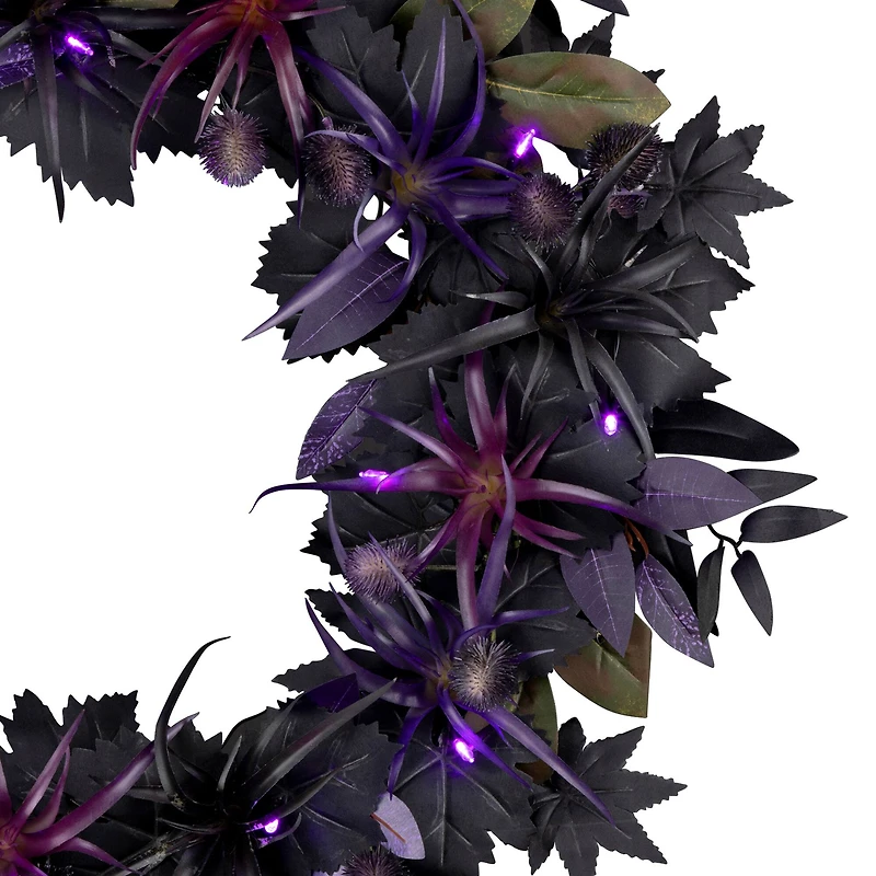 24" Scare in the Air Purple & Black Flower Halloween Pre-Lit LED Wreath
