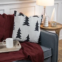17" White and Black Forest Trees Worsted Christmas Square Throw Pillow