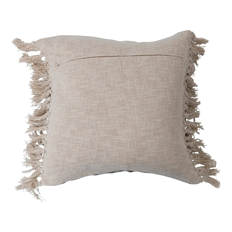 Hello Honey® Blue Stonewashed Ikat Pattern Woven Cotton Blend Pillow with Fringe