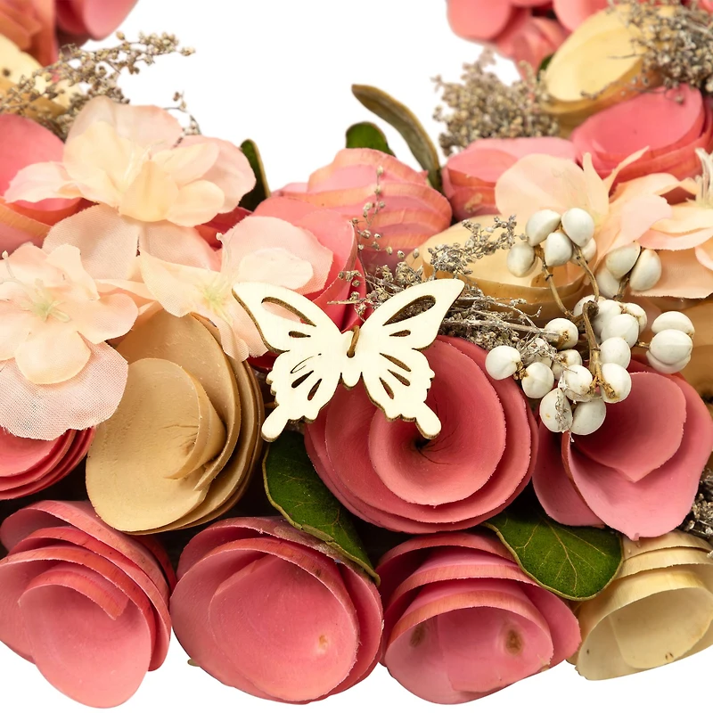 12.5" Pink Wooden Artificial Floral & Berries Spring Wreath