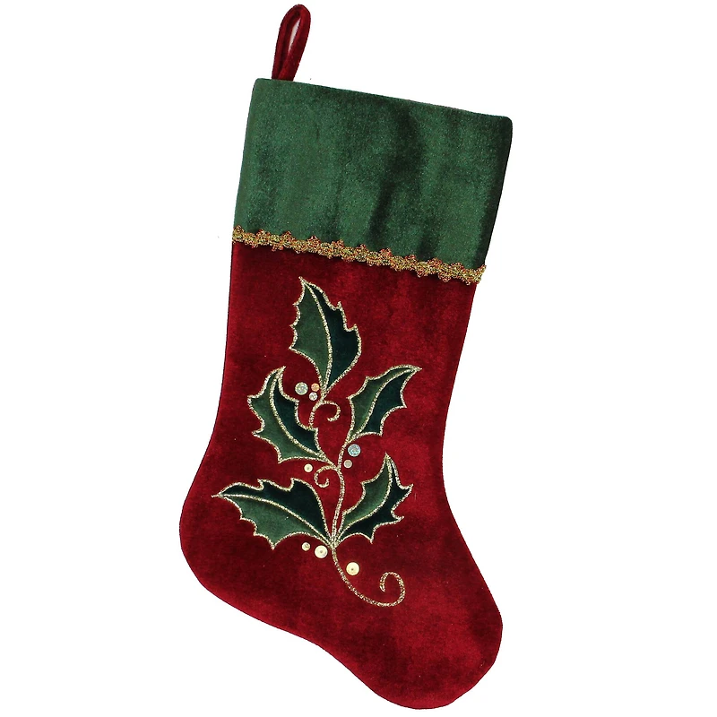 20.5" Holly Embroidered Velvet Stocking