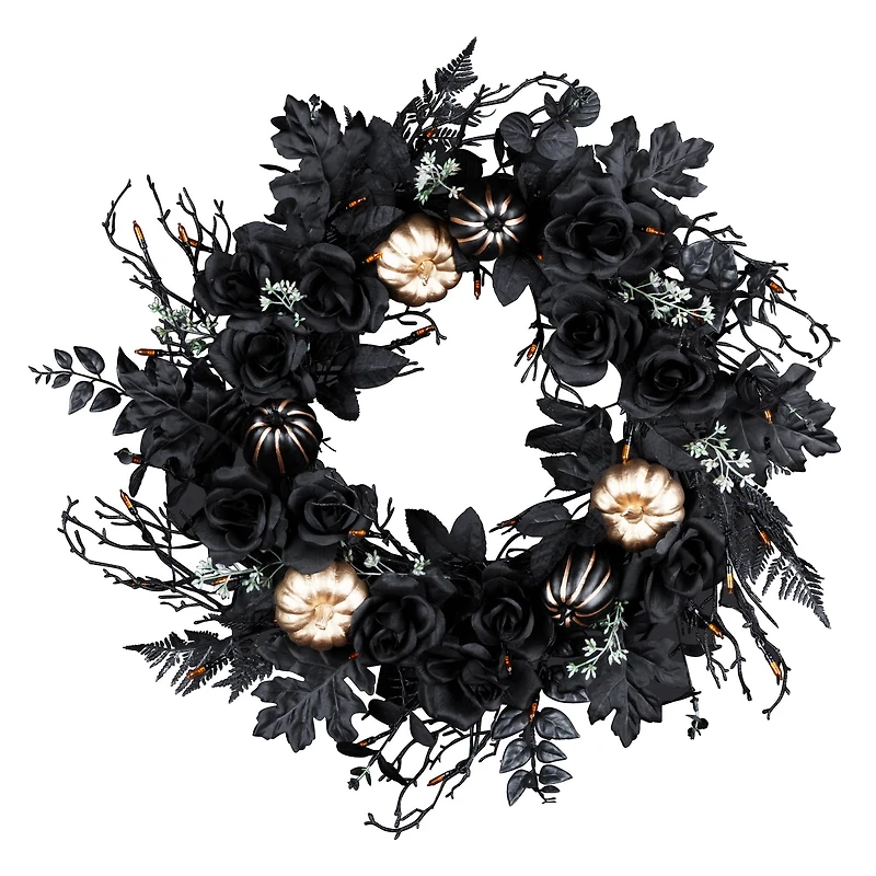 24" Chic Eek Black Flower & Pumpkin Halloween Pre-Lit LED Wreath