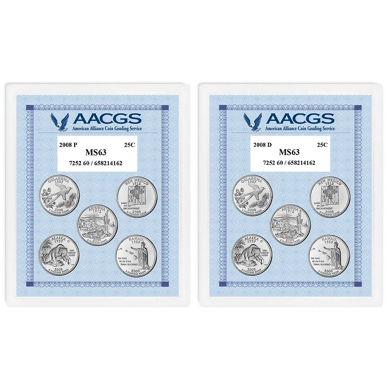 2008P & 2008D Statehood Quarters Graded MS63 Brilliant Uncirculated 