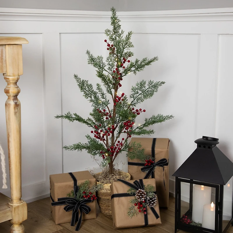 3ft. Pre-Lit Potted Berries & Pine Artificial Christmas Tree, Warm White LED Lights