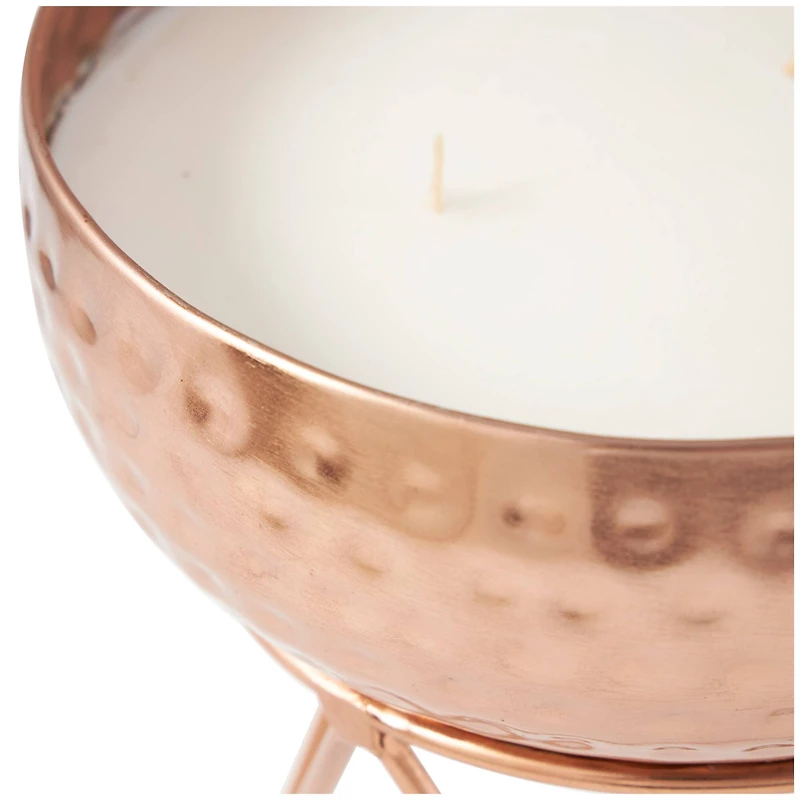 White Wax Vanilla Marshmallow Scented Candle with Hammered Copper Container and Tripod Stand