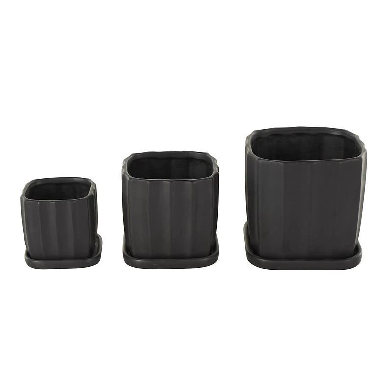 Black Square Wide Groove Textured Ceramic Planter Set
