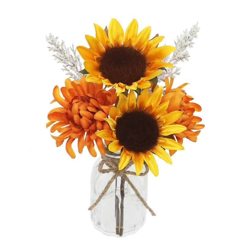 11" Yellow & Orange Sunflower & Mum in Glass Container by Ashland®