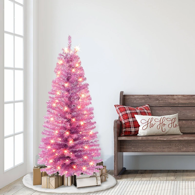 4.5ft. Pre-Lit Pink Tinsel Artificial Christmas Tree, Clear Lights