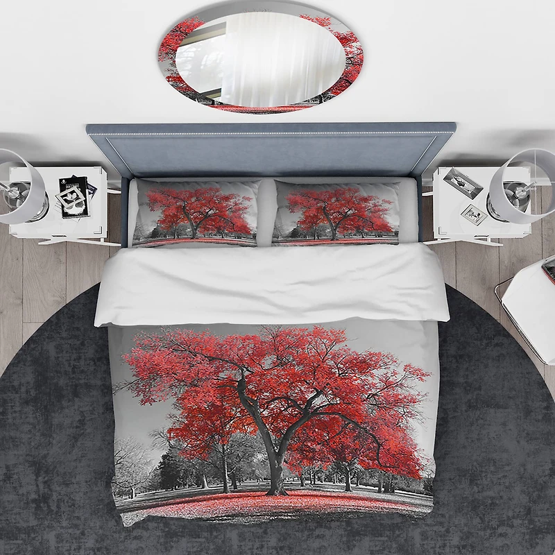 Designart 'Big Red Tree on Foggy Day' Traditional Bedding Set