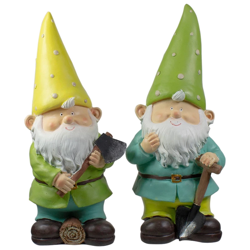 12.25" Green & Yellow Gnome Outdoor Garden Statue Set