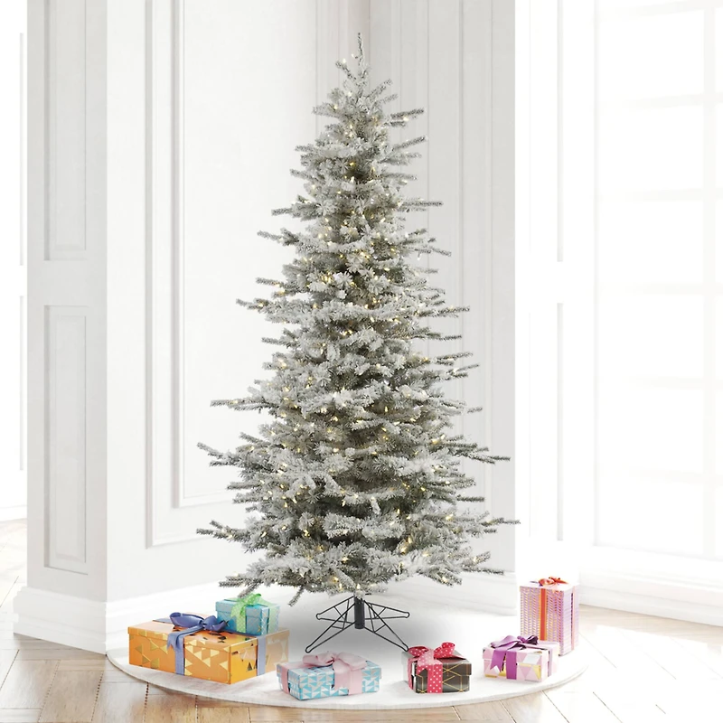 6.5ft. Pre-Lit Slim Flocked Sierra Fir Artificial Christmas Tree, Pure White Dura-Lit® LED Lights
