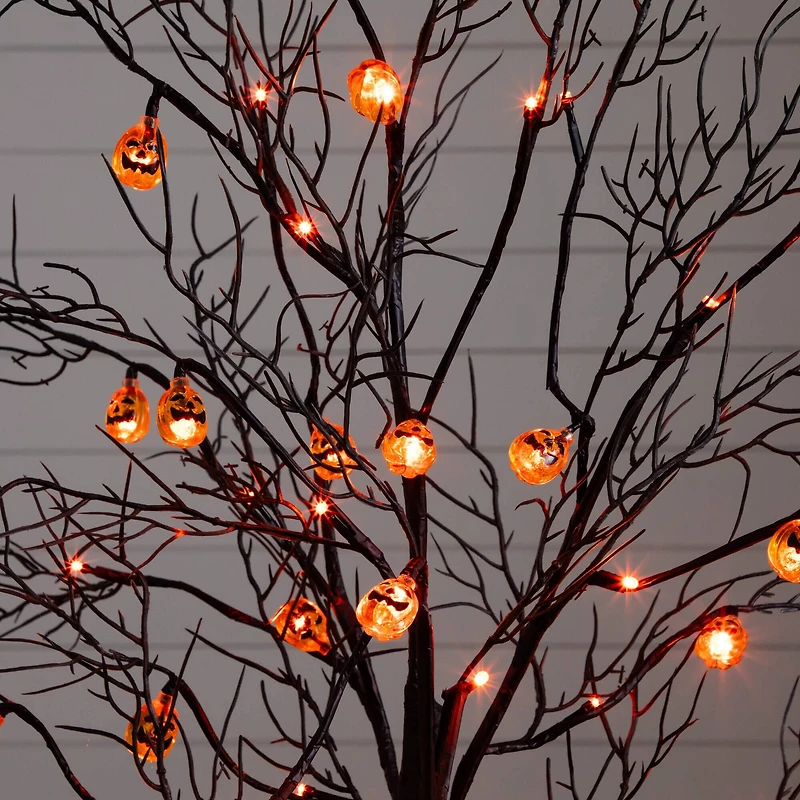 4ft. Pre-Lit Artificial Halloween Black Twig Tree with 24 Orange LED Pumpkin Shaped Lights
