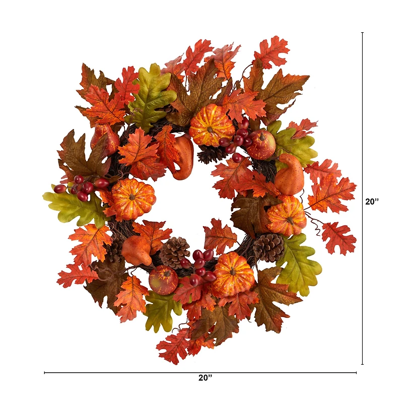 20" Maple Leaf, Pumpkin Gourd, Pinecone & Berry Artificial Fall Wreath