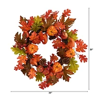 20" Maple Leaf, Pumpkin Gourd, Pinecone & Berry Artificial Fall Wreath