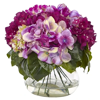 11" Dark Pink Hydrangea Arrangement in Glass Vase