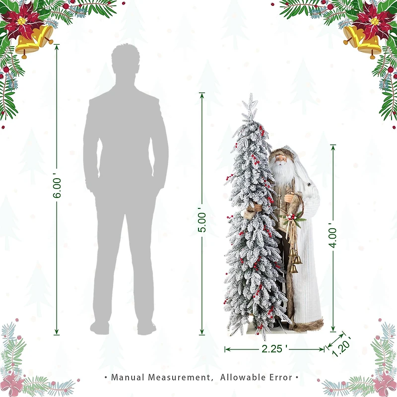 Glitzhome® 4FT Oversized Christmas Woodland Santa with 5FT Lighted Flocked Artificial Christmas Tree