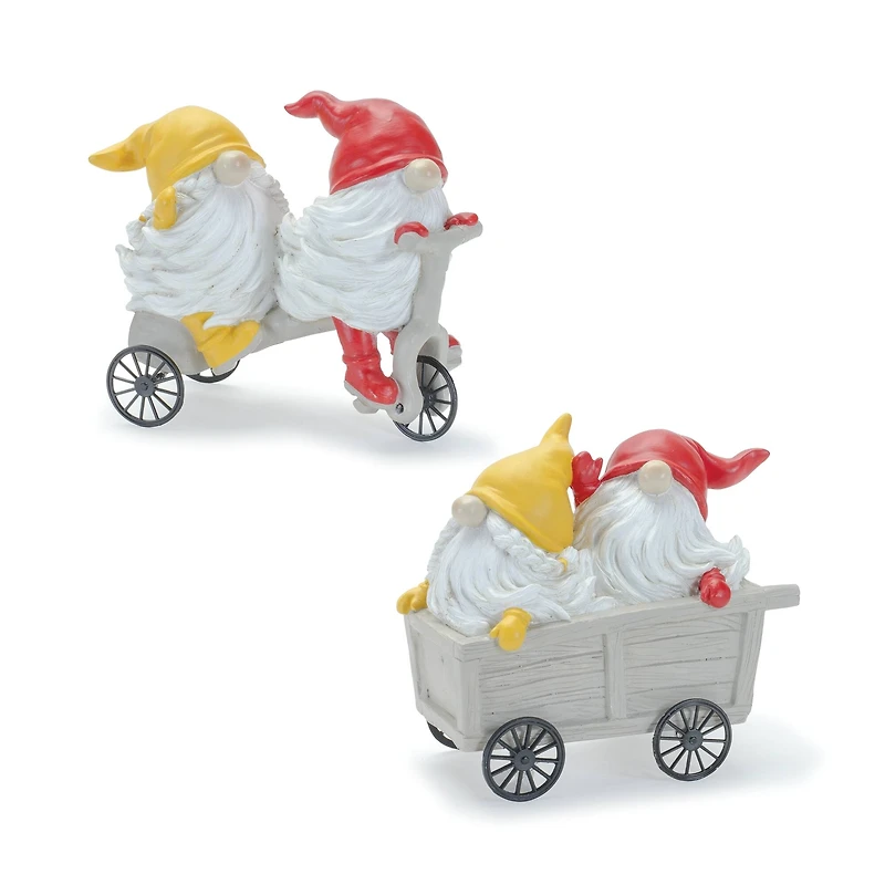 Whimsical Garden Gnomes Riding a Scooter & Wheelbarrow Figurines Set