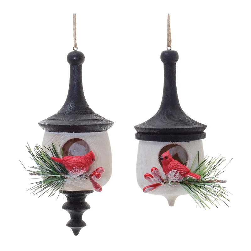 Wood Finial Birdhouse with Cardinal Ornaments Set