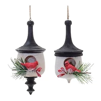 Wood Finial Birdhouse with Cardinal Ornaments Set