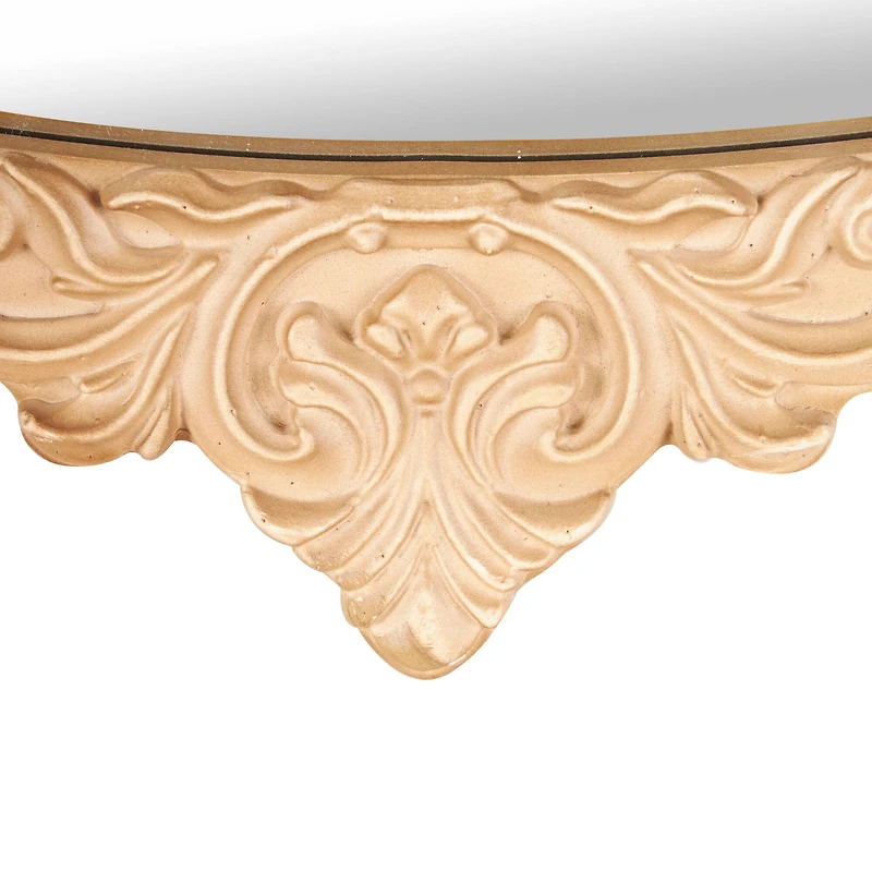 Light Brown Wooden Scroll Oval Room Wall Mirror with Beaded Frame